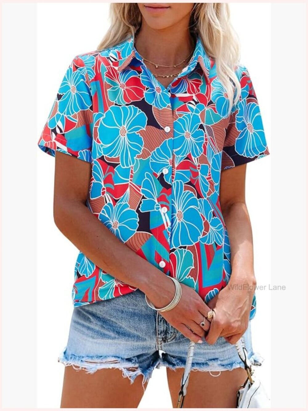 Women's Short Sleeve Button Down Camp Shirt Summer Blouse Tropical Floral